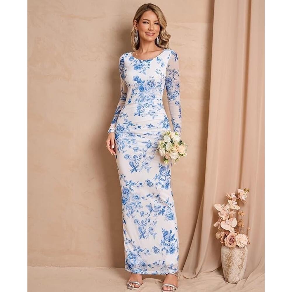 Womens Sheer Mesh Open Back Blue Floral Maxi Cottagecore Wedding Guest Dress MED - Picture 4 of 5